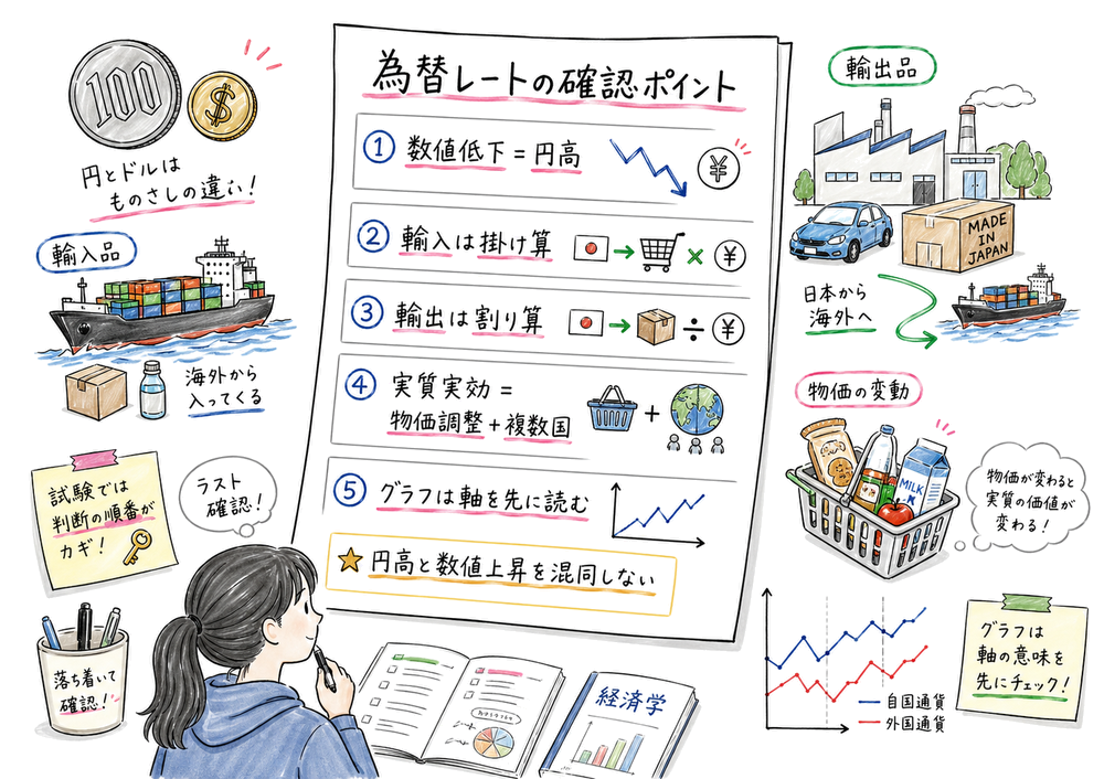 為替レートの確認ポイントを5つの縦並びカードで総復習できる手書き風図解