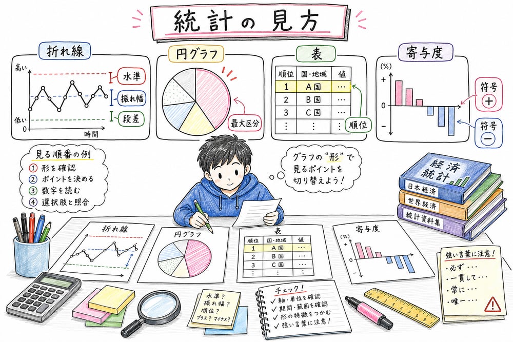 折れ線グラフ、円グラフ、表、寄与度で見る場所を切り替える手書き風図解