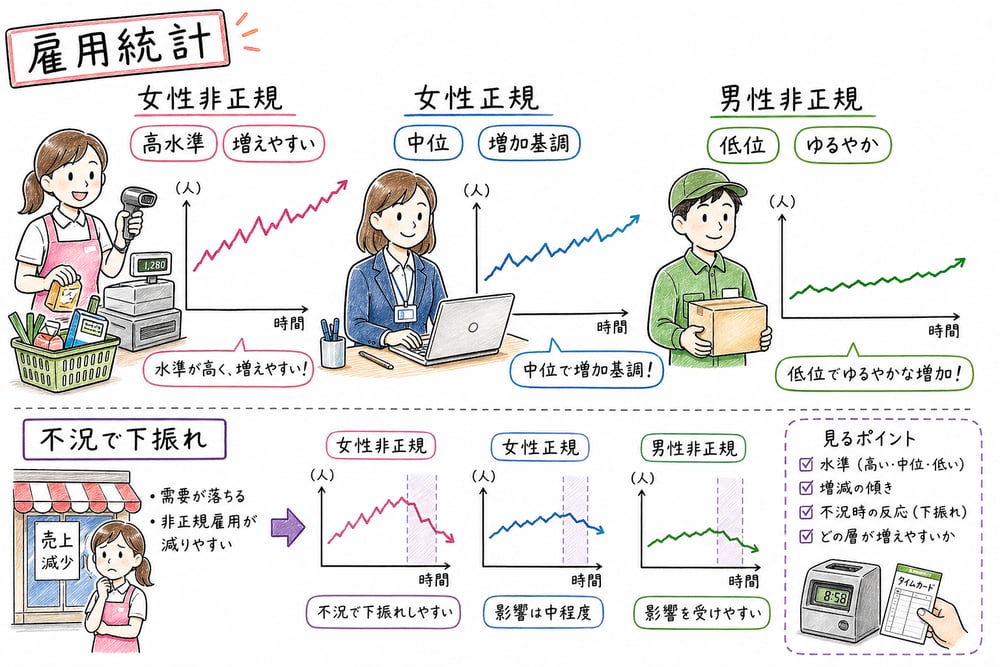 女性非正規、女性正規、男性非正規の水準差と増え方を整理した手書き風図解
