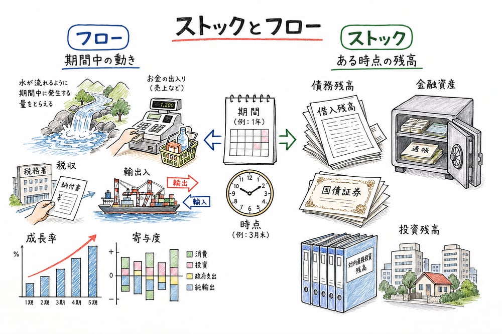 フローとストックの違いを、期間中の動きと累積残高で対比した手書き風図解