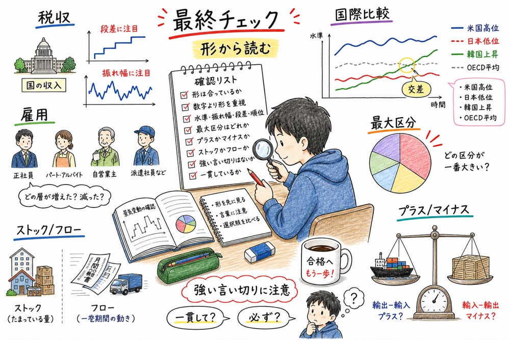 経済事情の最終チェック項目とフロー・ストックの違いを整理した手書き風図解