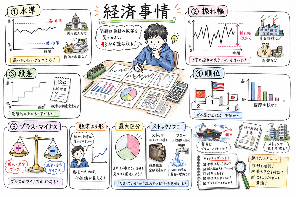 経済事情で先に見る判断軸を、水準・振れ幅・段差・順位・プラスマイナスで整理した手書き風図解