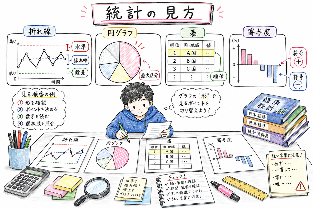 折れ線グラフ、円グラフ、表、寄与度で見る場所を切り替える手書き風図解
