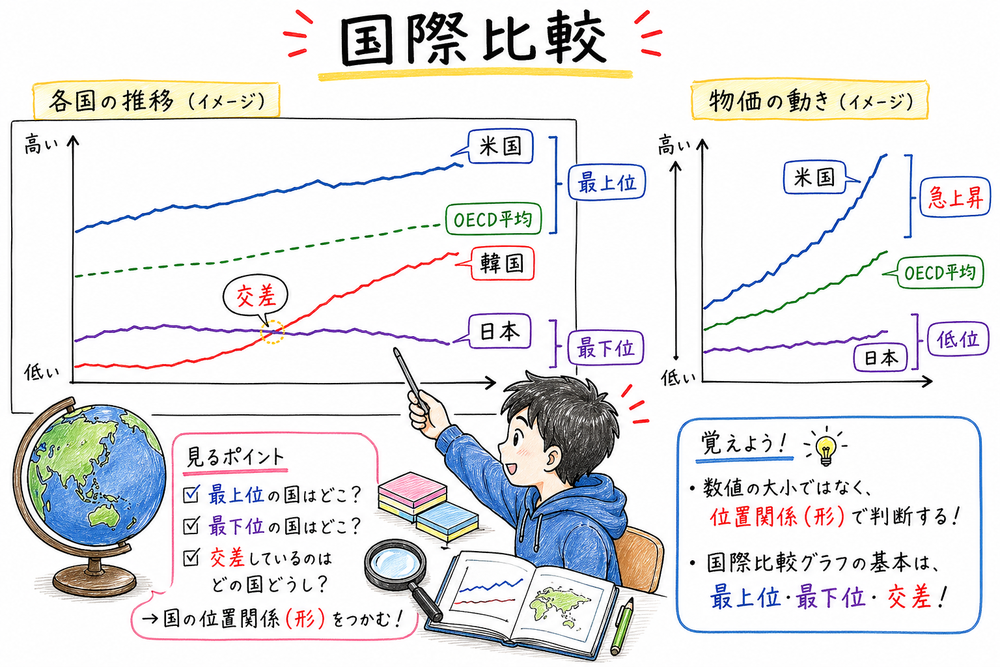 国際比較の折れ線で最上位、最下位、交差を見る手書き風図解