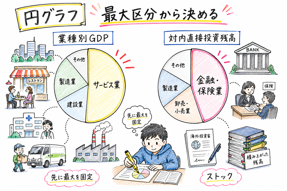 業種別GDPと対内直接投資残高の円グラフで最大区分を先に決める手書き風図解
