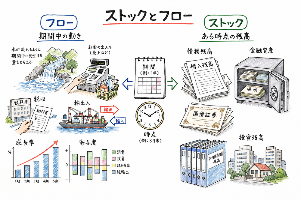 フローとストックの違いを、期間中の動きと累積残高で対比した手書き風図解