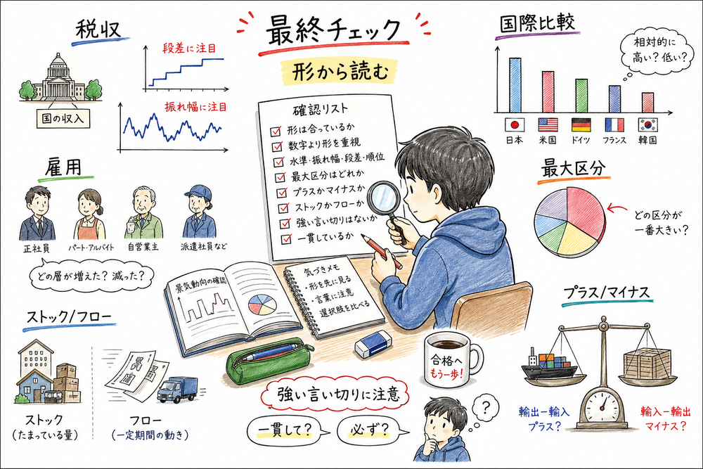 経済事情の最終チェック項目とフロー・ストックの違いを整理した手書き風図解