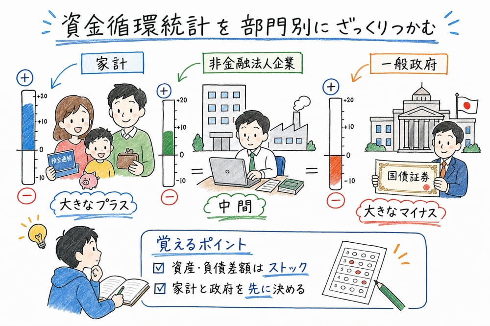 資金循環統計の見方の全体像を、家計、非金融法人企業、一般政府の位置関係と確認ポイントで整理した手書き風図解