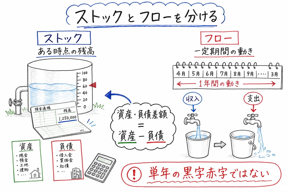 資産・負債差額がストック統計であり、フローと区別して読むことを示す手書き風図解