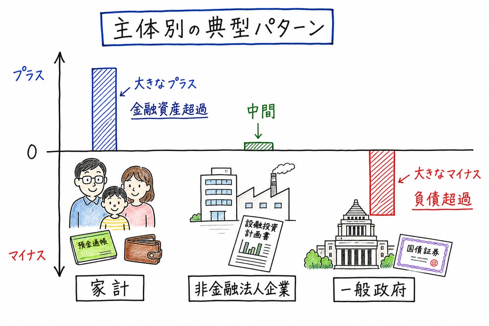 家計、非金融法人企業、一般政府の資産・負債差額の典型的な位置関係を示す手書き風図解