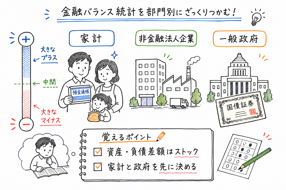資金循環統計の見方の全体像を、家計、非金融法人企業、一般政府の位置関係と確認ポイントで整理した手書き風図解