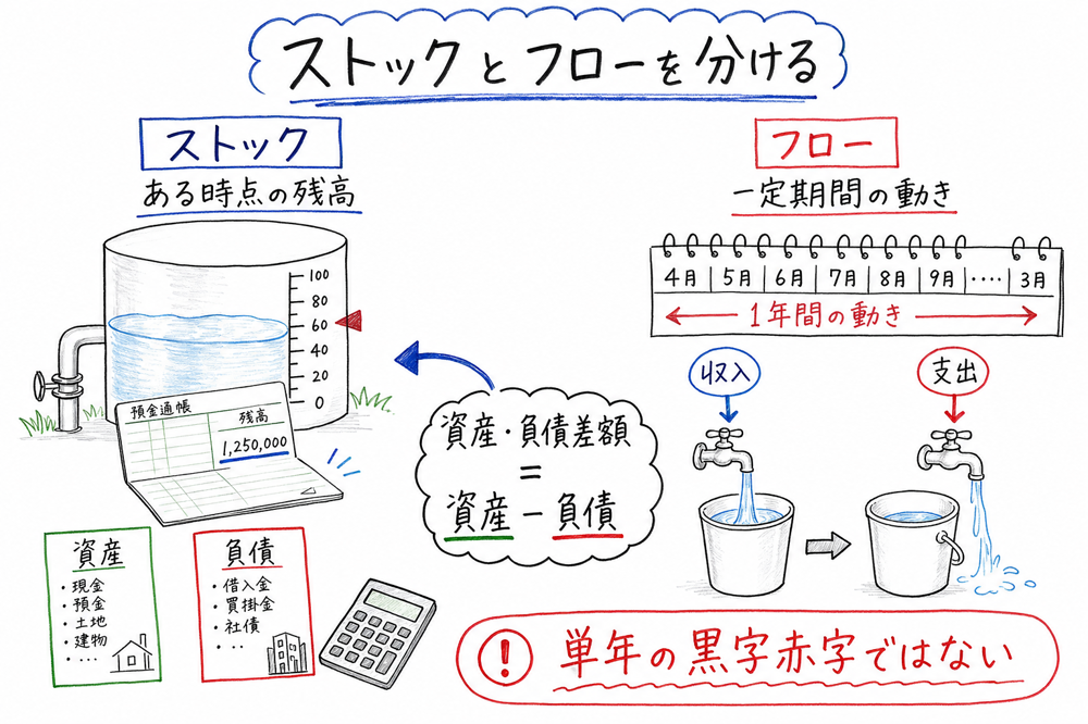 資産・負債差額がストック統計であり、フローと区別して読むことを示す手書き風図解