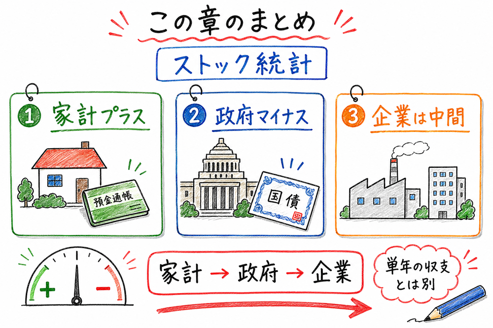 資金循環統計の最終確認ポイントを3枚のカードで整理した手書き風図解