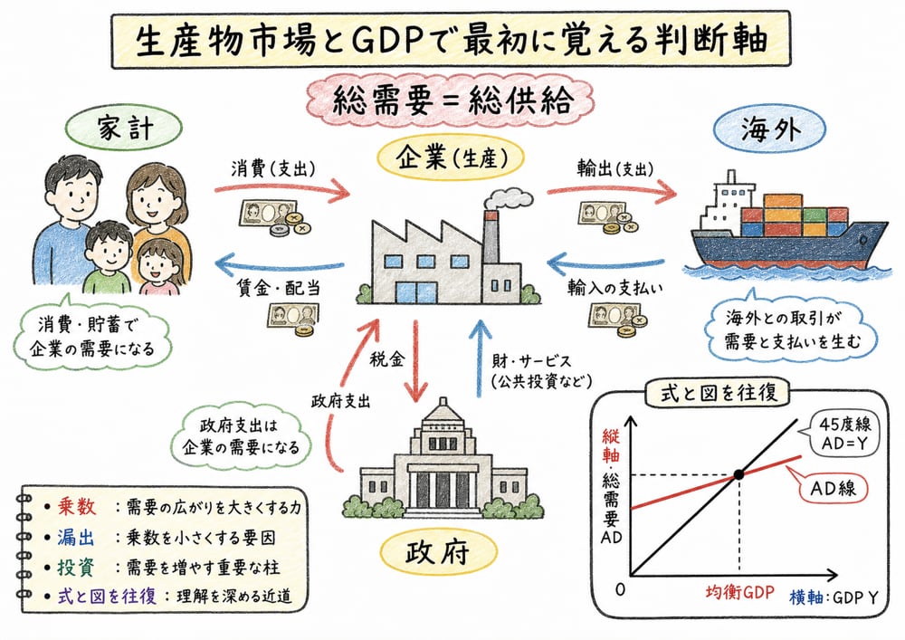 生産物市場とGDPで覚える判断軸をまとめた手書き風図解