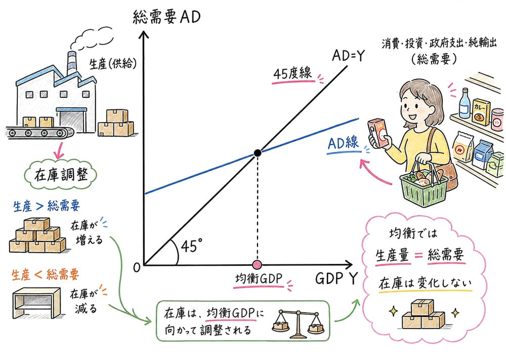 45度線と総需要線の交点で均衡GDPを読む手書き風図解