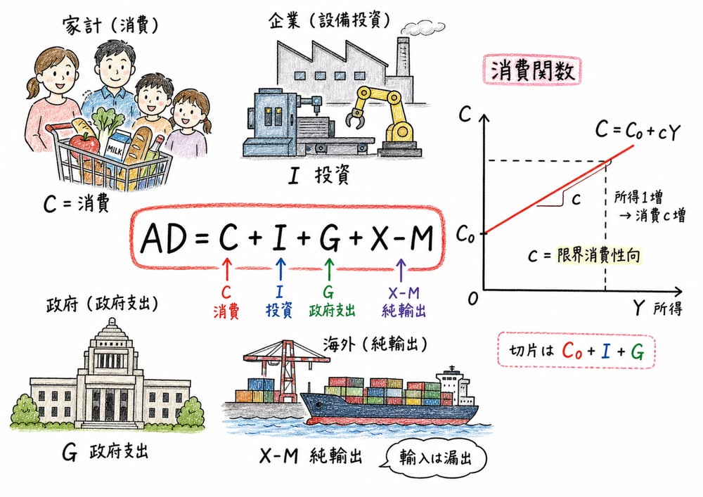 総需要の構成と消費関数を対応づけた手書き風図解