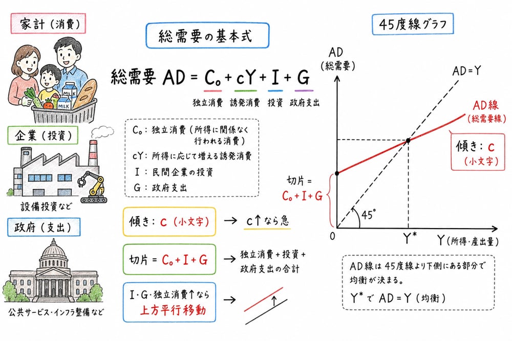 総需要線の切片と傾きを、基礎消費・投資・政府支出と限界消費性向で整理する手書き風図解