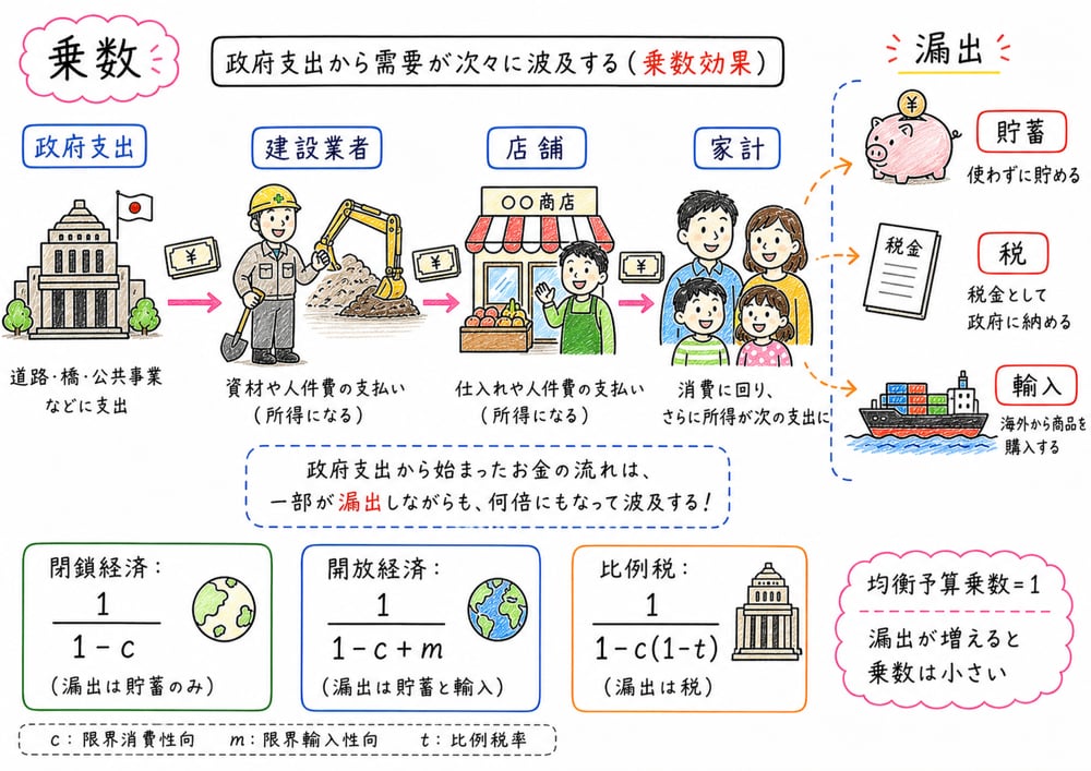 乗数が漏出によって小さくなる関係を示す手書き風図解