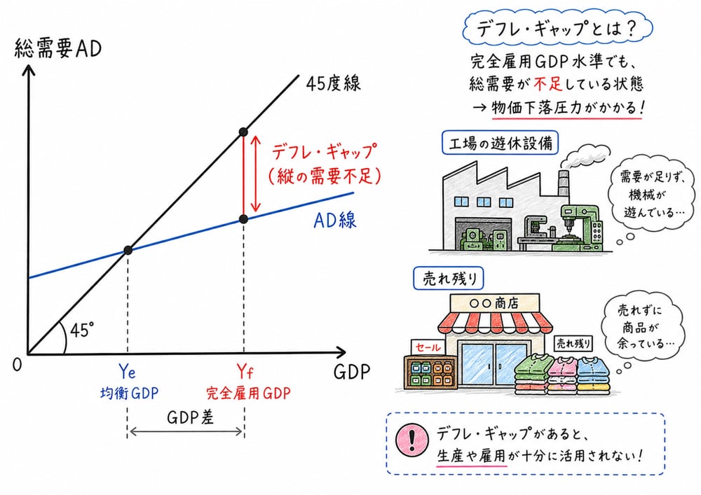 完全雇用GDP水準でデフレ・ギャップを読む手書き風図解