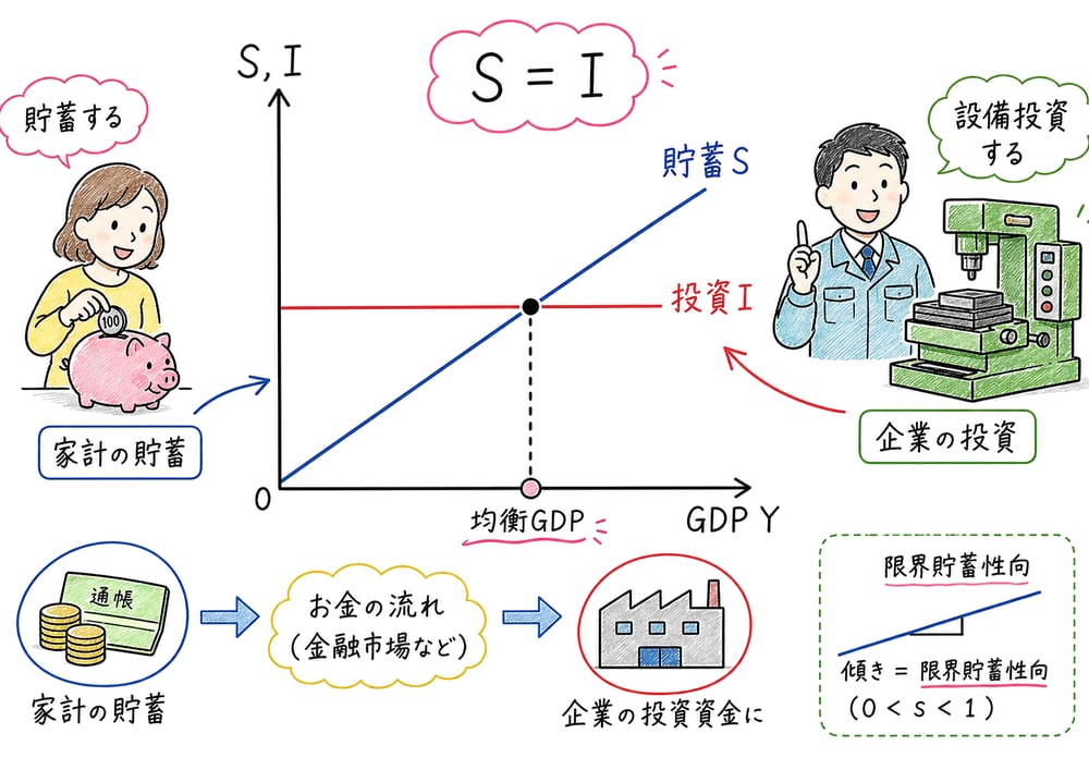 貯蓄線と投資線の交点で均衡GDPを読む手書き風図解