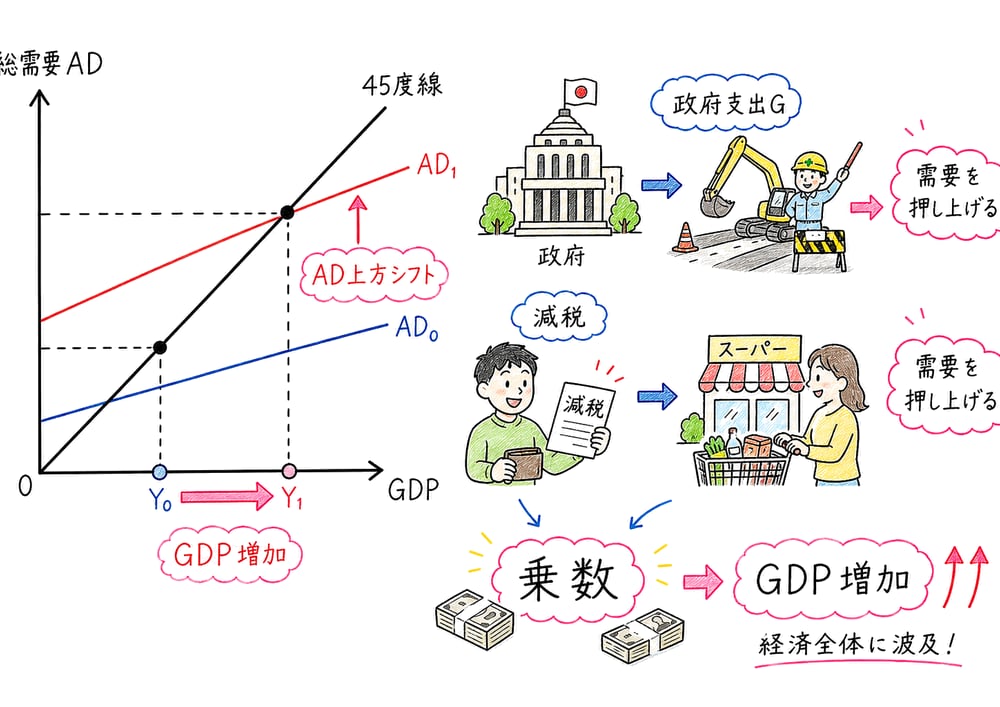 財政政策で総需要線が上方へ動く関係を示す手書き風図解