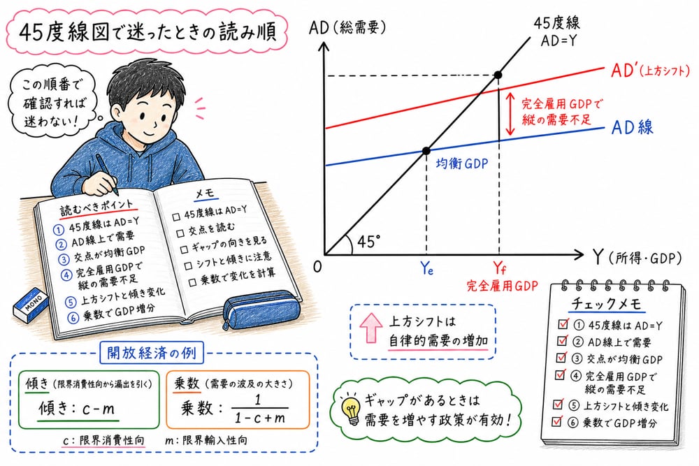 45度線図で総需要線、交点、ギャップ、シフトを読む順番を示す手書き風図解
