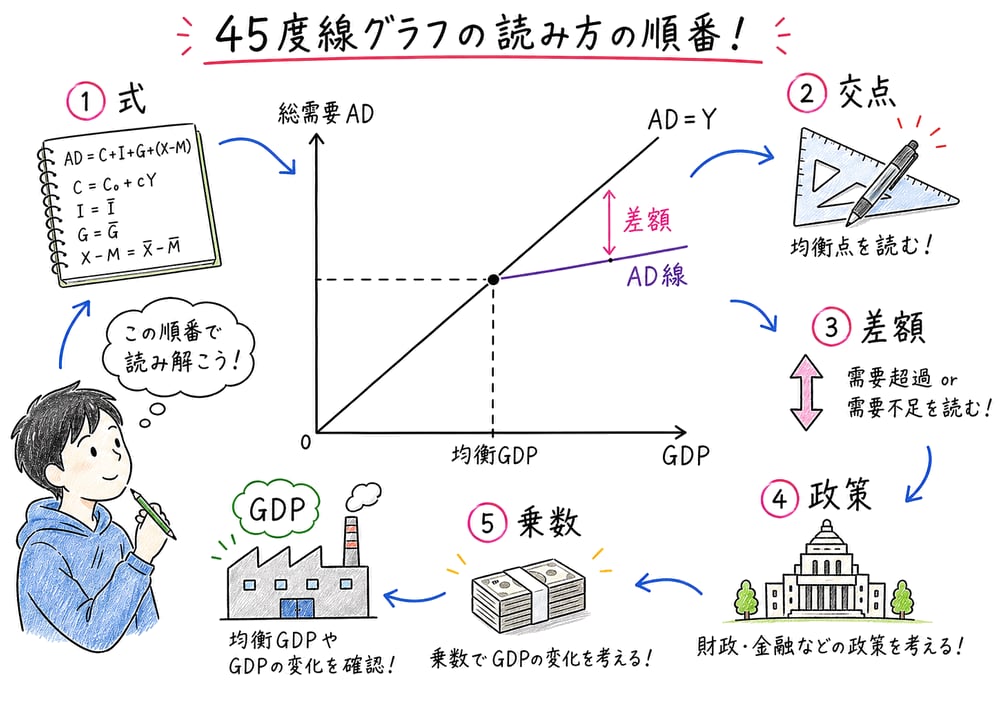 45度線図の読み順をまとめた手書き風図解