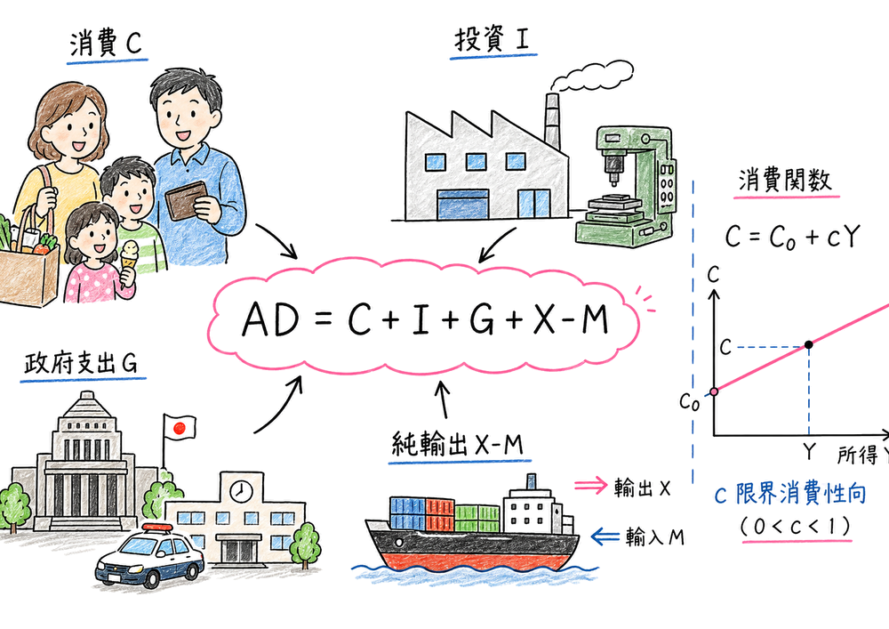 総需要の構成と消費関数を対応づけた手書き風図解