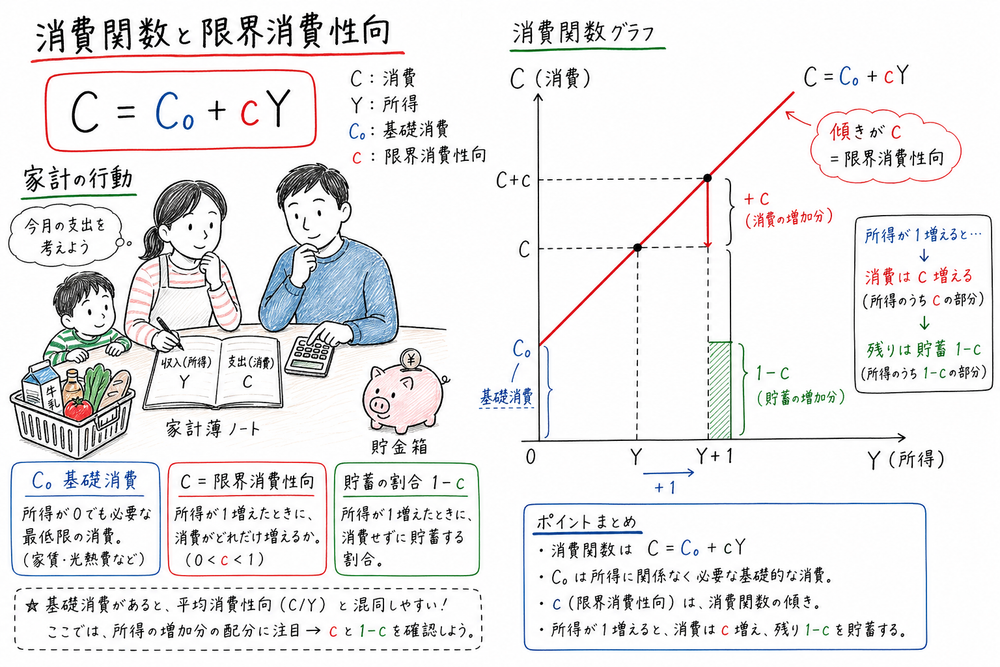 消費関数と限界消費性向の意味を式とグラフで対応づける手書き風図解