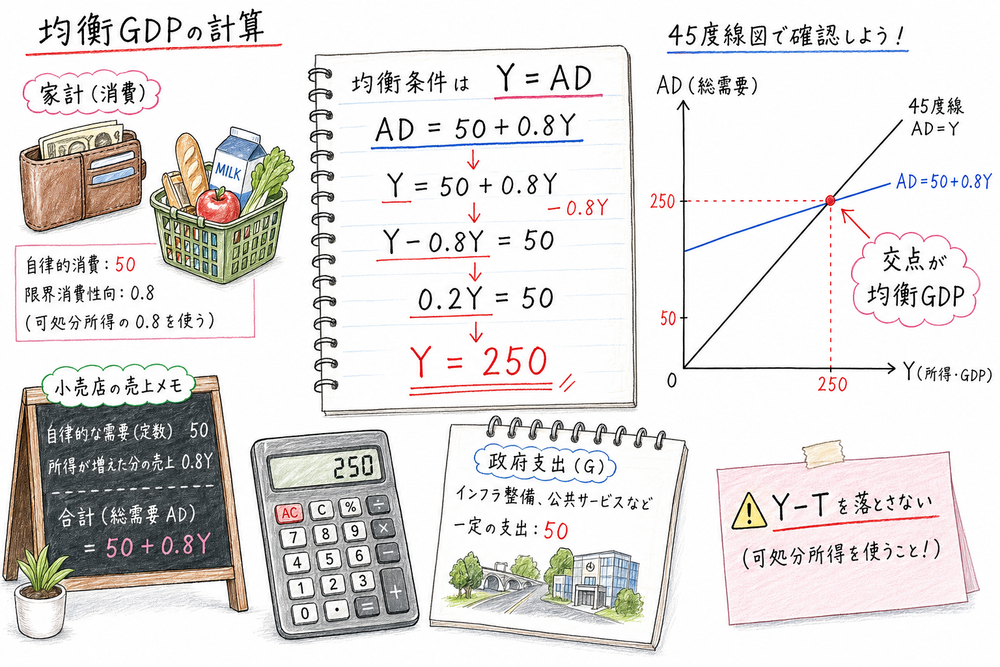 均衡GDPを式変形と45度線図の交点で確認する手書き風図解