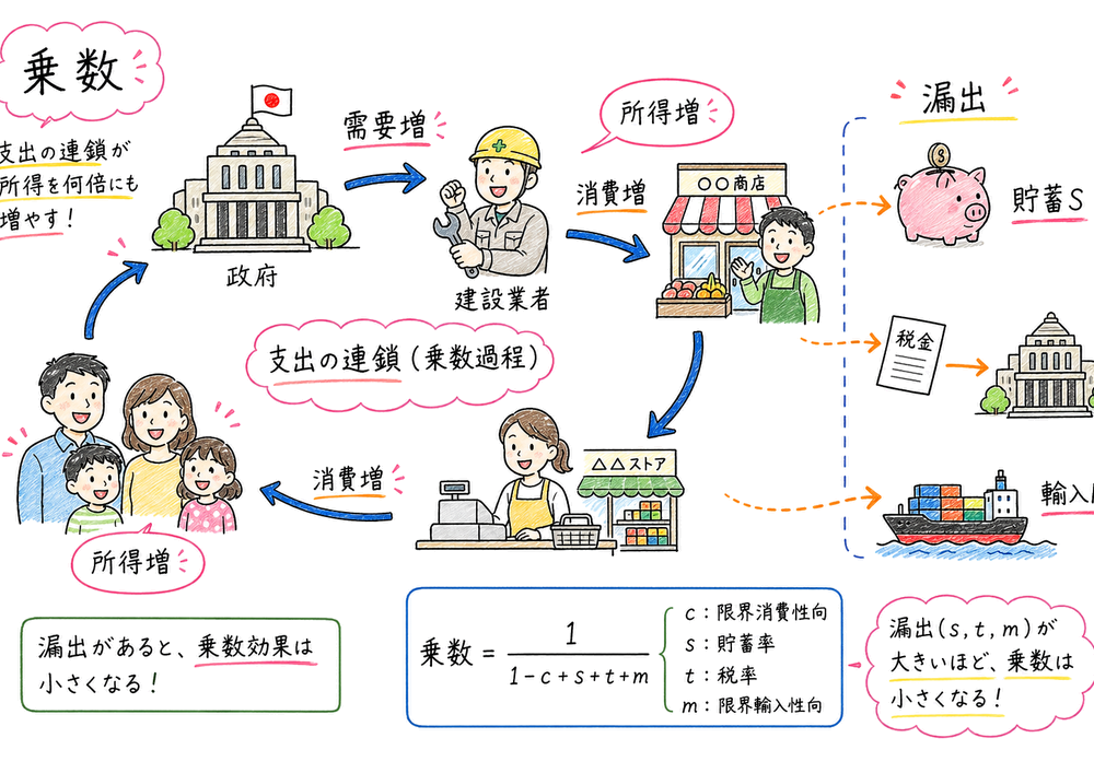 乗数が漏出によって小さくなる関係を示す手書き風図解