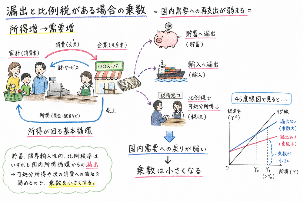 貯蓄・輸入・比例税の漏出が乗数を小さくする流れを示す手書き風図解