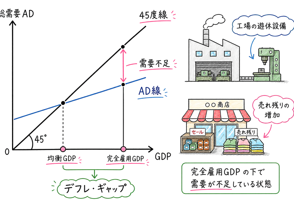 完全雇用GDP水準でデフレ・ギャップを読む手書き風図解
