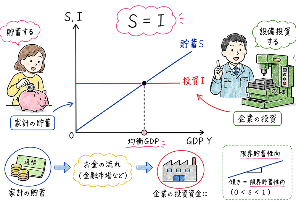 貯蓄線と投資線の交点で均衡GDPを読む手書き風図解