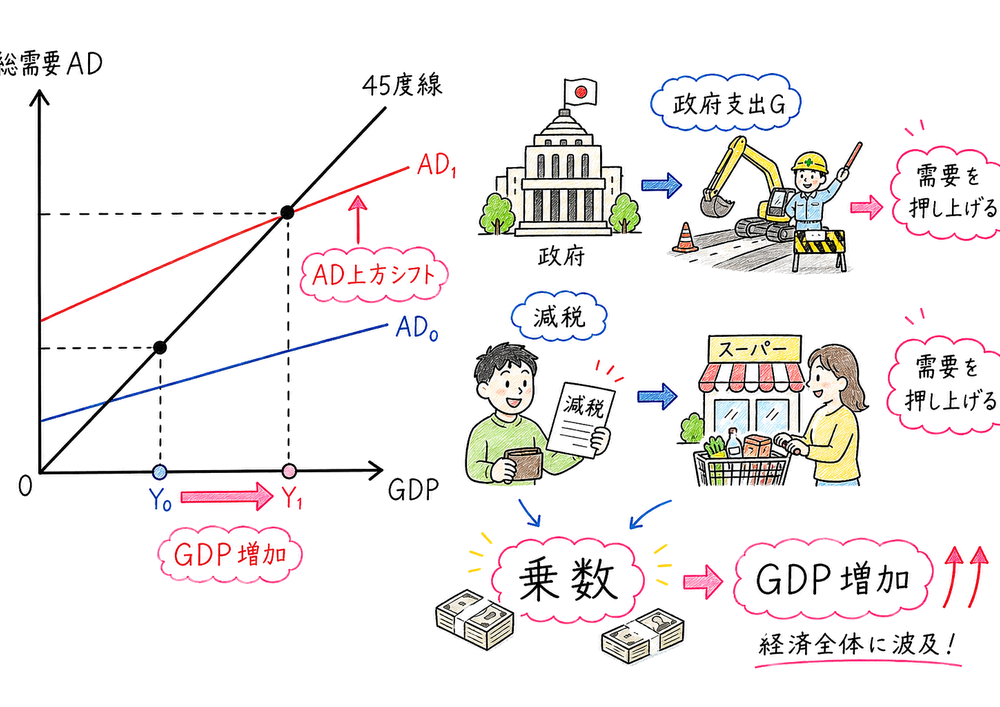 財政政策で総需要線が上方へ動く関係を示す手書き風図解