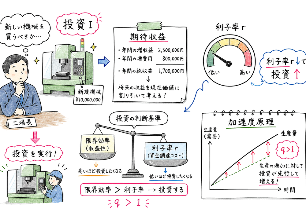 投資理論で確認する利子率や期待収益などをまとめた手書き風図解
