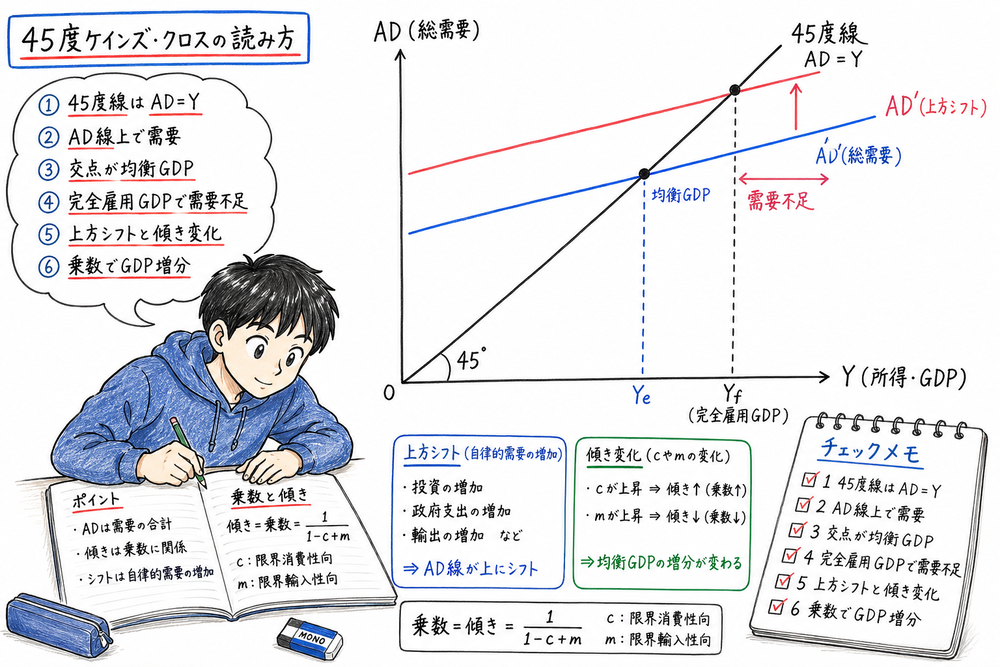 45度線図で総需要線、交点、ギャップ、シフトを読む順番を示す手書き風図解