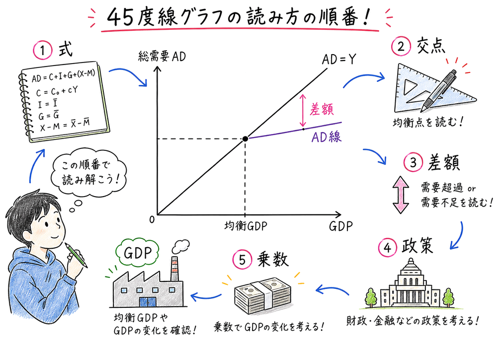 45度線図の読み順をまとめた手書き風図解
