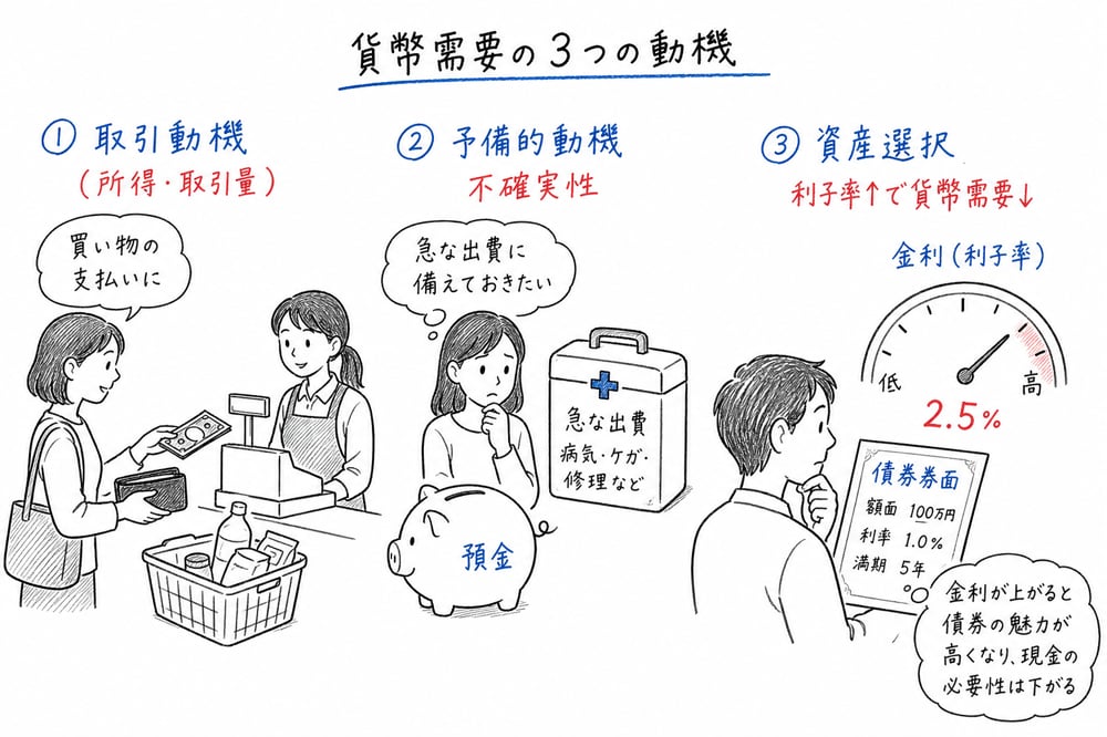 貨幣需要の3つの動機を、取引動機、予備的動機、資産選択の動機に分けて示す図解