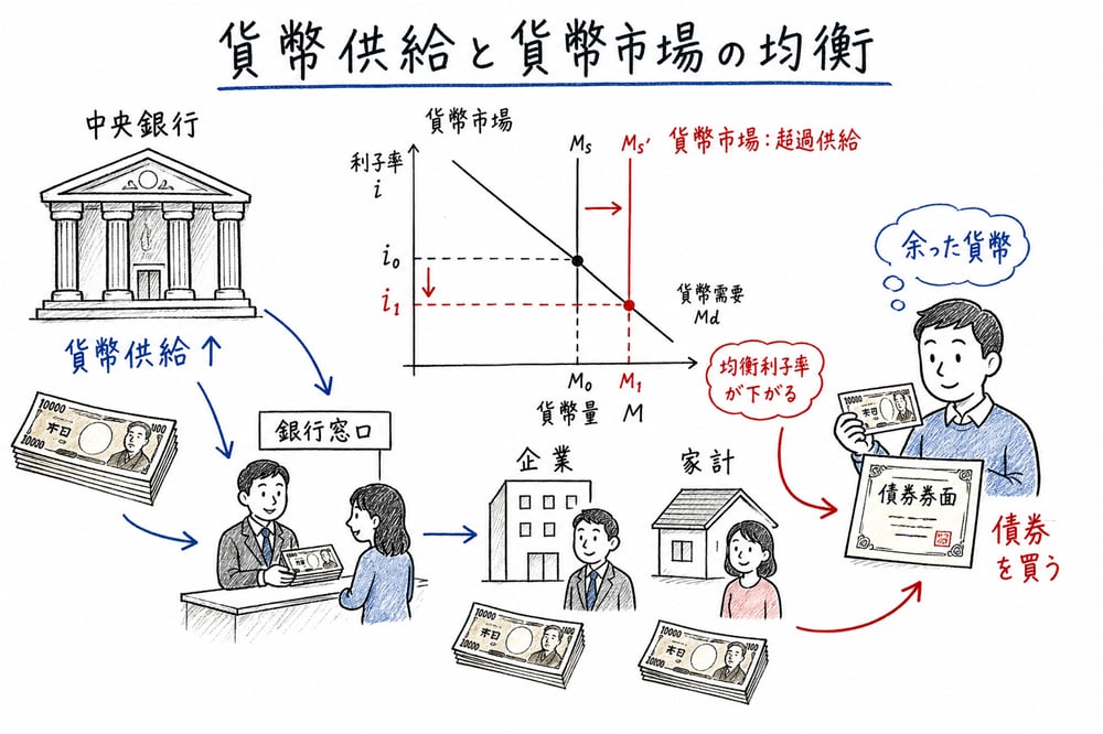 貨幣供給の増加から貨幣市場の超過供給と債券購入へつながる調整を示す図解