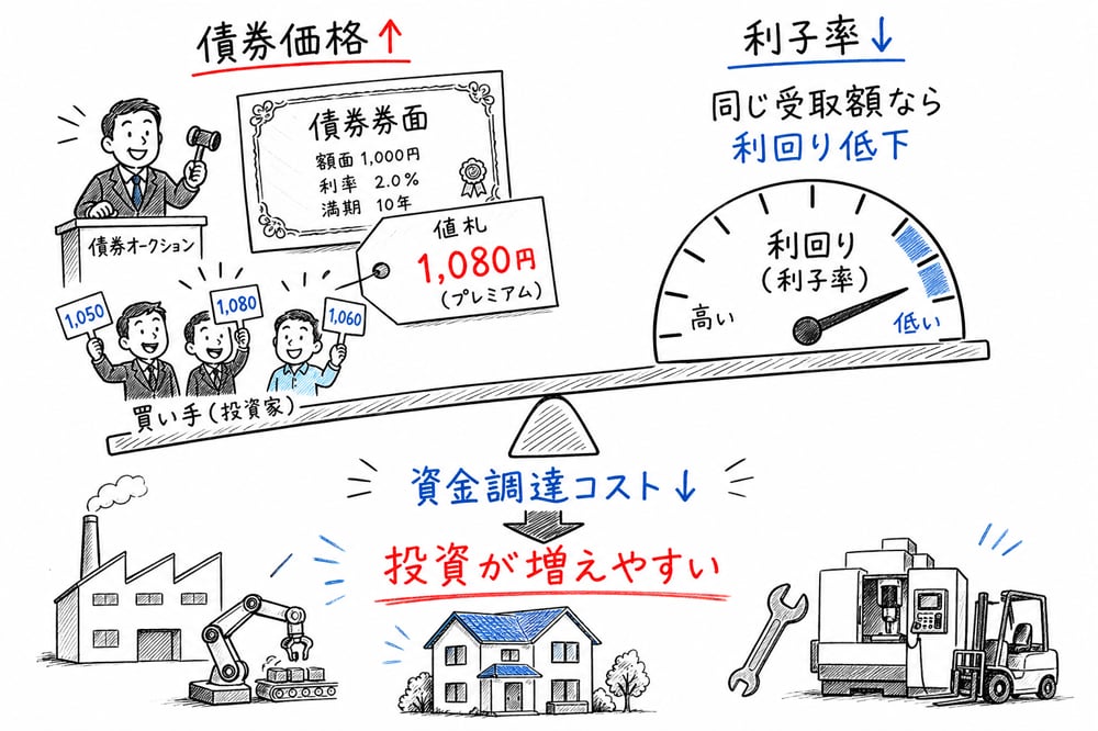 債券価格と利子率が逆方向に動き、投資へ波及する流れを示す図解
