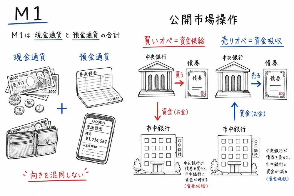 M1の構成と買いオペ・売りオペの資金方向を示す図解