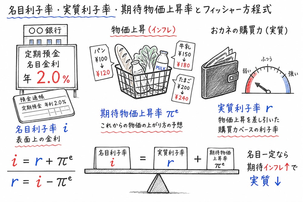 フィッシャー方程式で名目利子率、実質利子率、期待物価上昇率の関係を示す図解