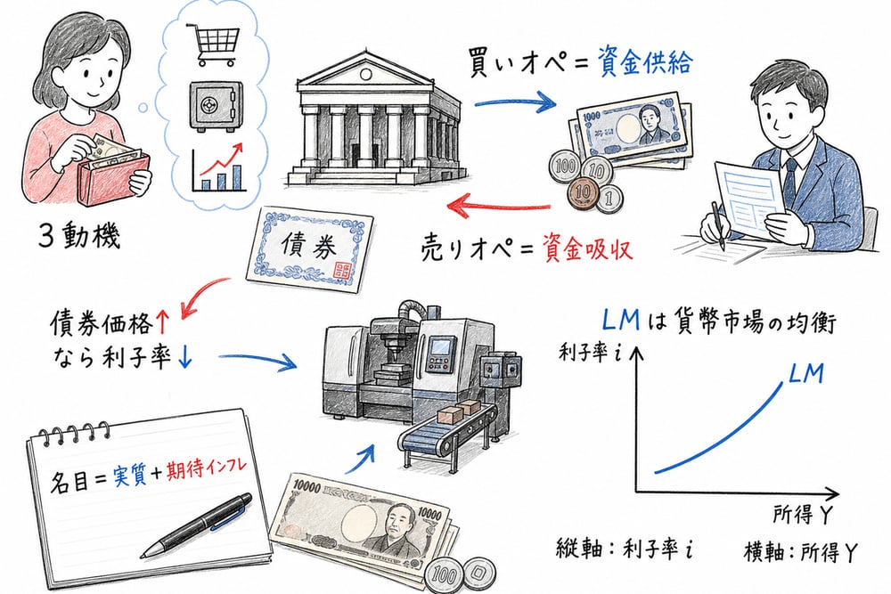 貨幣需要の3動機、公開市場操作、債券価格と利子率、LM曲線を確認する手書き風図解