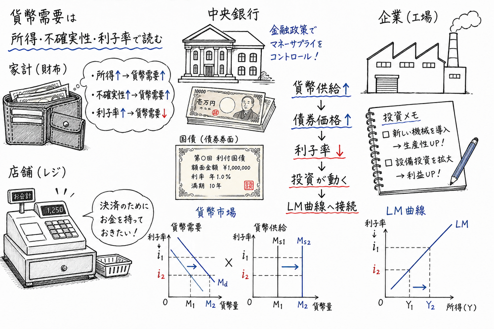 貨幣需要、貨幣供給、債券価格、利子率、LM曲線の接続順をまとめる手書き風図解