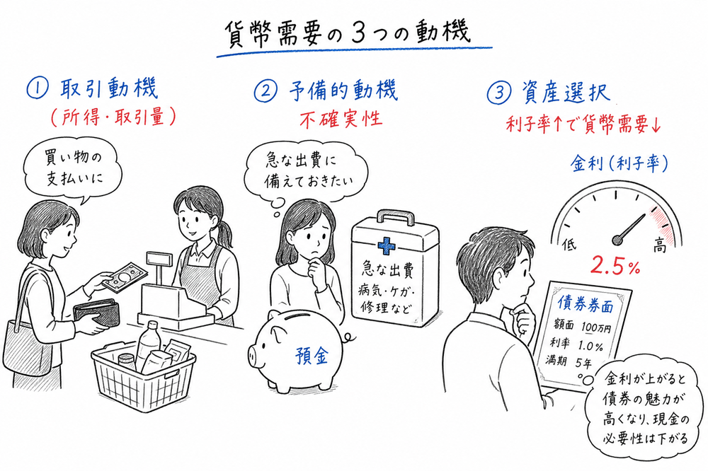 貨幣需要の3つの動機を、取引動機、予備的動機、資産選択の動機に分けて示す図解