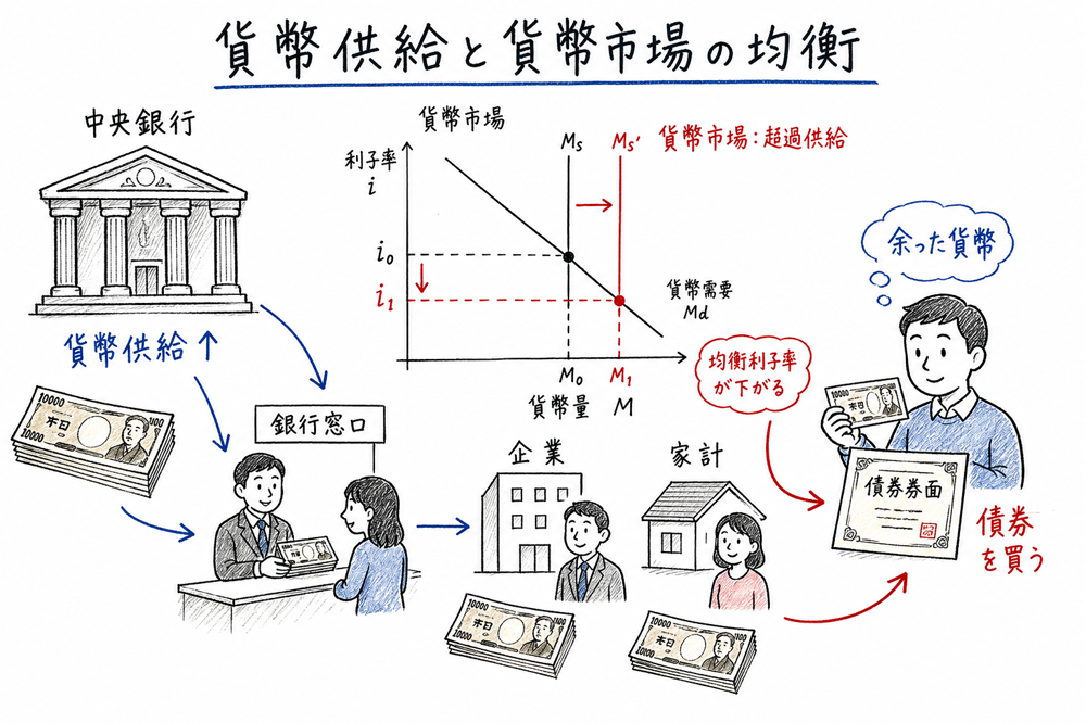 貨幣供給の増加から貨幣市場の超過供給と債券購入へつながる調整を示す図解