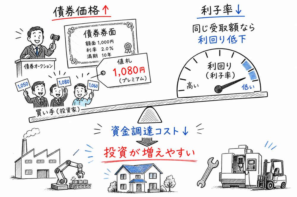 債券価格と利子率が逆方向に動き、投資へ波及する流れを示す図解