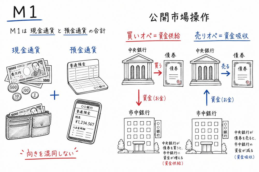 M1の構成と買いオペ・売りオペの資金方向を示す図解