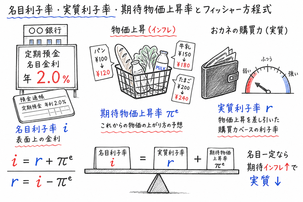 フィッシャー方程式で名目利子率、実質利子率、期待物価上昇率の関係を示す図解
